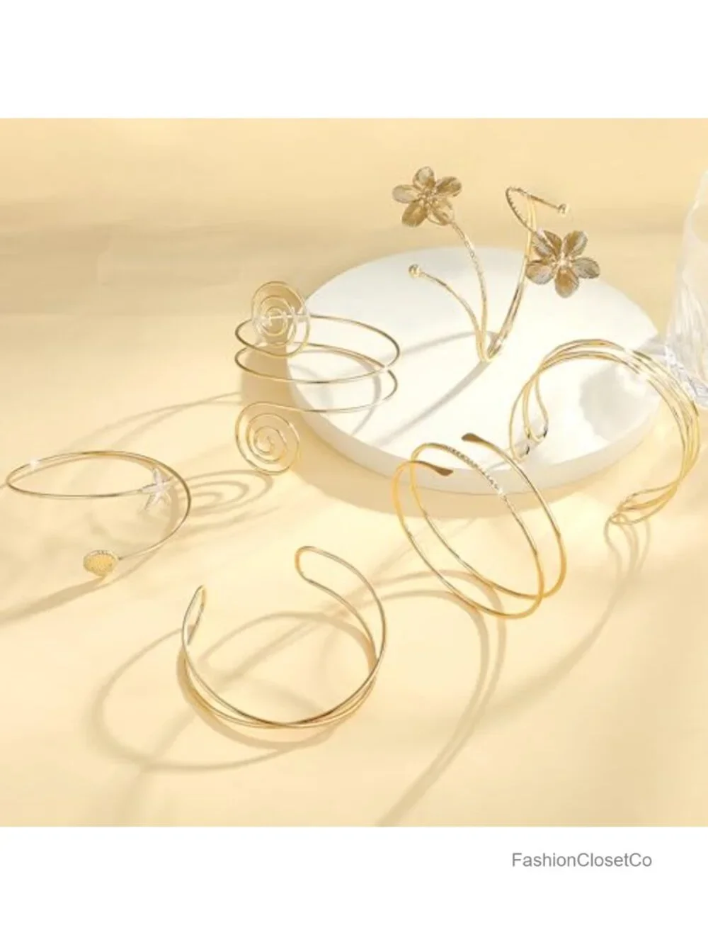 6 Piece Open Cuff Upper Arm Bracelet Set - Gold Tone Alloy Adjustable